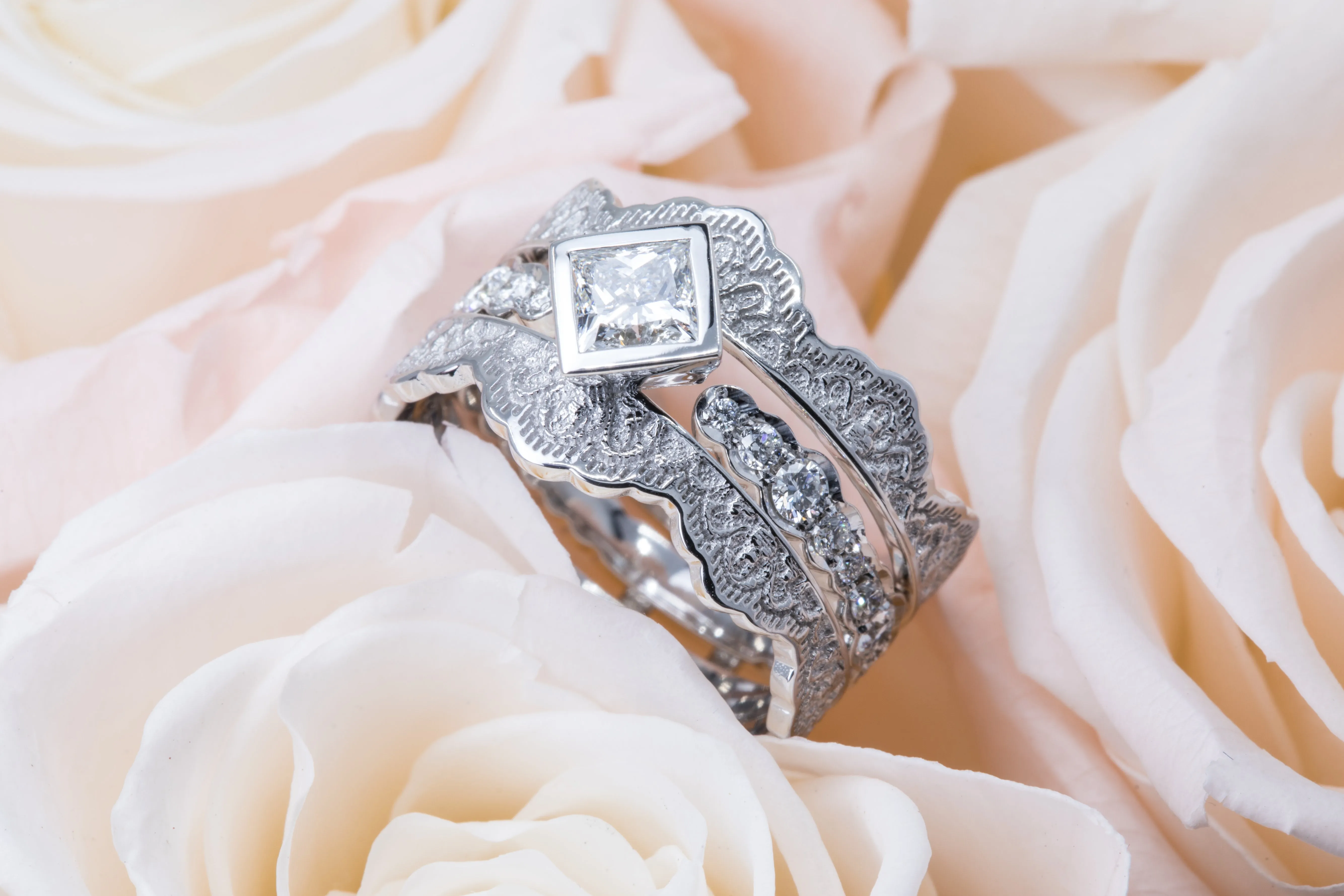 0.50ct Princess Diamond Lace Engagement Ring Set