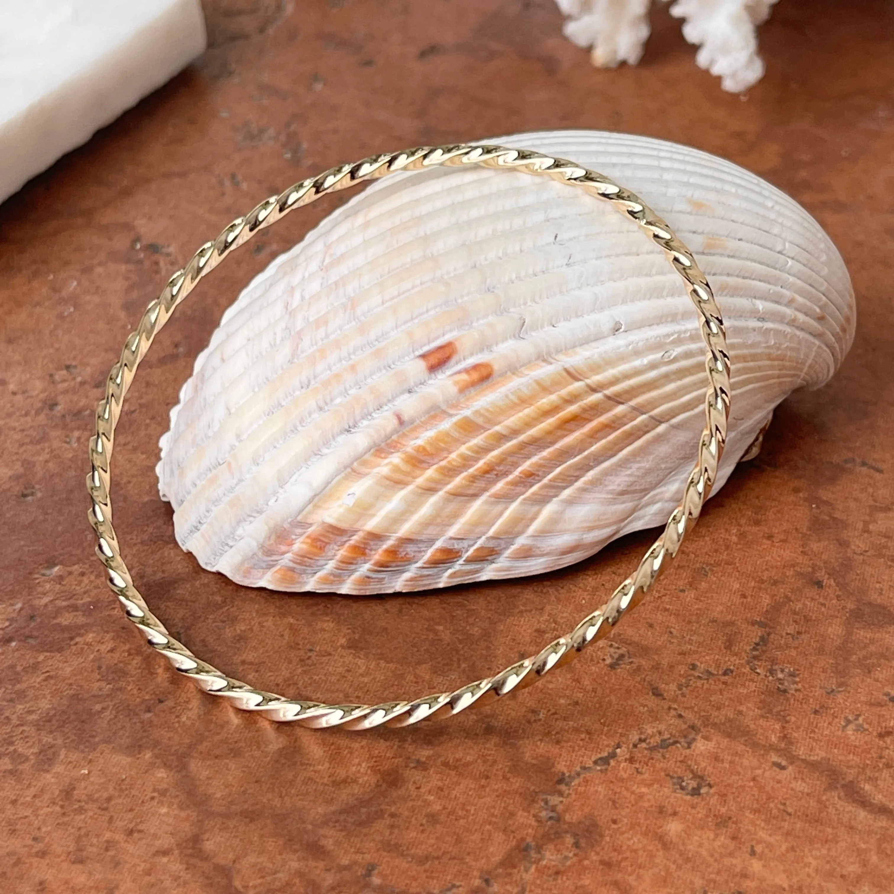 14KT Yellow Gold Twisted 2.5mm Slip On Bangle Bracelet