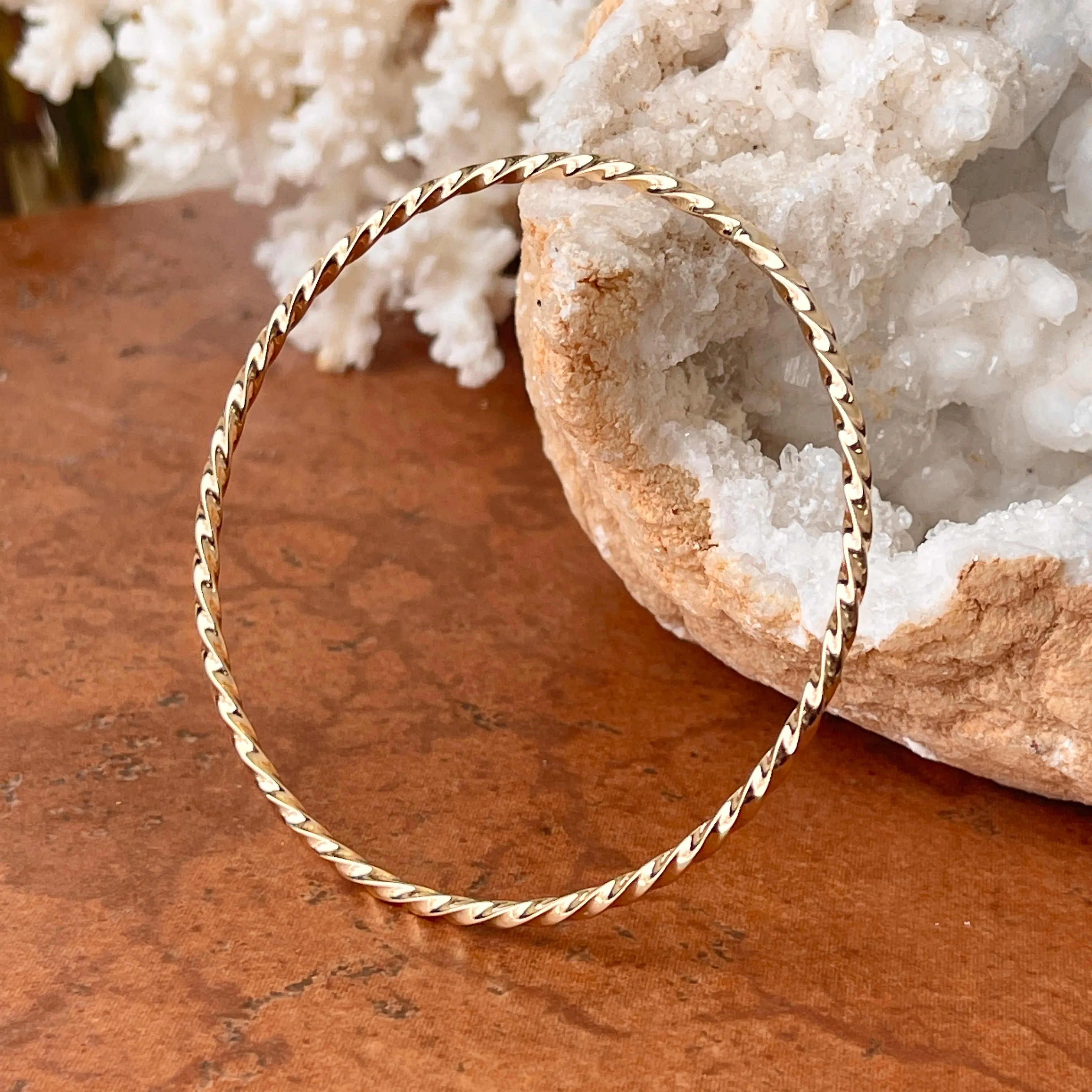 14KT Yellow Gold Twisted 2.5mm Slip On Bangle Bracelet