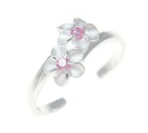 925 Sterling Silver Hawaiian Double Plumeria Flower Pink CZ Open Toe Ring