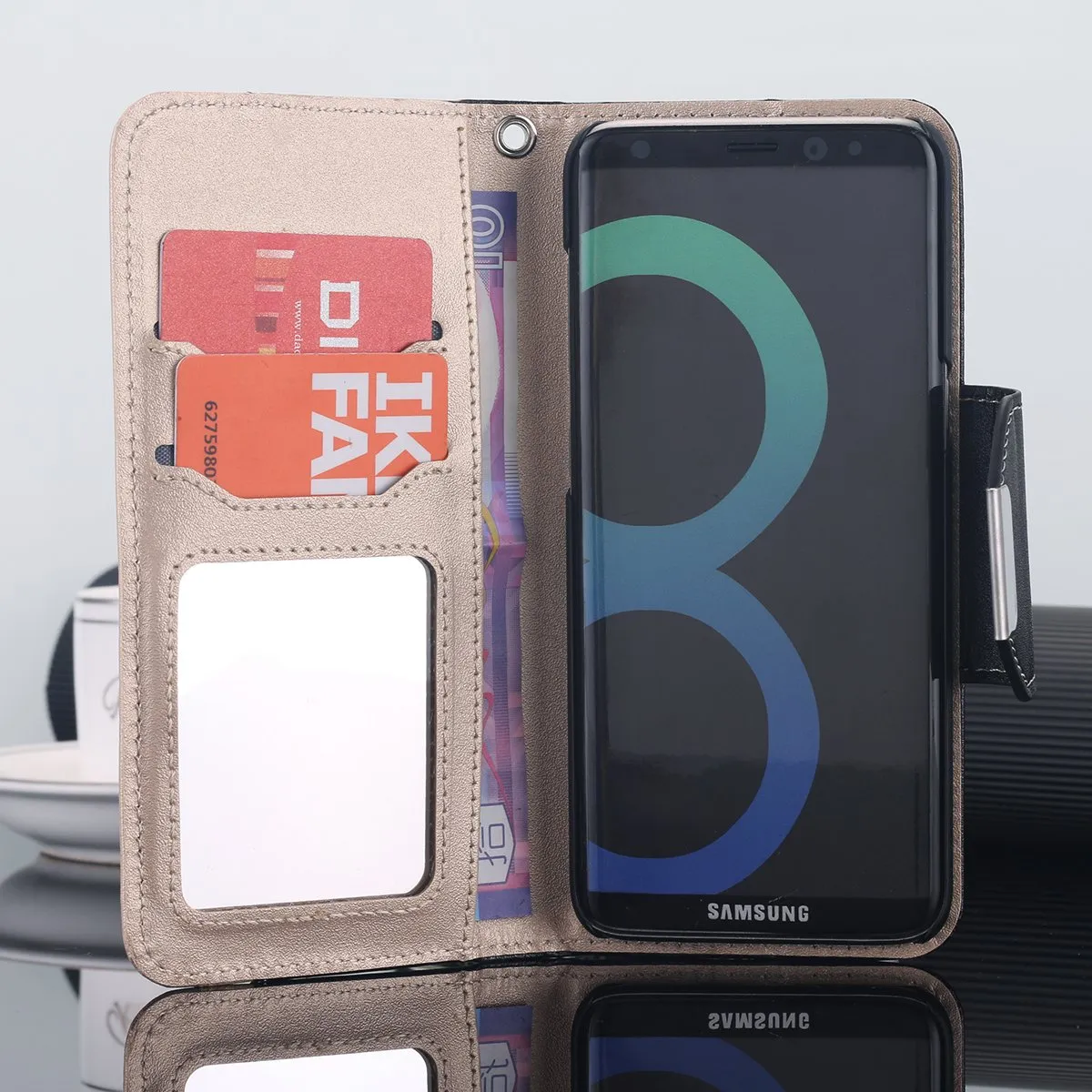 AICase Wallet PU Leather Flip Kickstand Case with Card Slots Make Up Mirror Detachable Wrist Strap Folding Stand Protective Cover