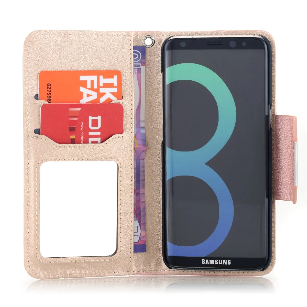 AICase Wallet PU Leather Flip Kickstand Case with Card Slots Make Up Mirror Detachable Wrist Strap Folding Stand Protective Cover