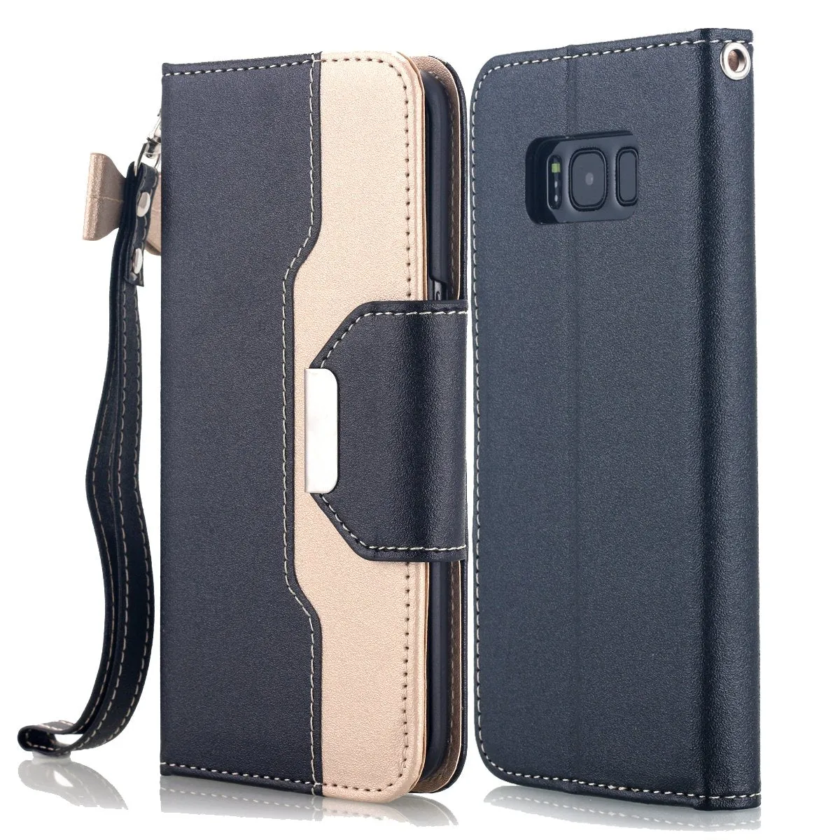 AICase Wallet PU Leather Flip Kickstand Case with Card Slots Make Up Mirror Detachable Wrist Strap Folding Stand Protective Cover