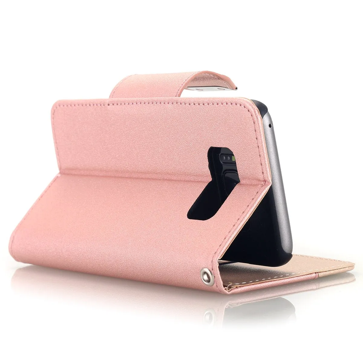 AICase Wallet PU Leather Flip Kickstand Case with Card Slots Make Up Mirror Detachable Wrist Strap Folding Stand Protective Cover