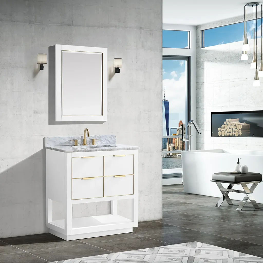 Allie 4 Drawers Bathroom Vanity with Carrara Sink - Floor Mount - 30" Wood/White/Matte Gold