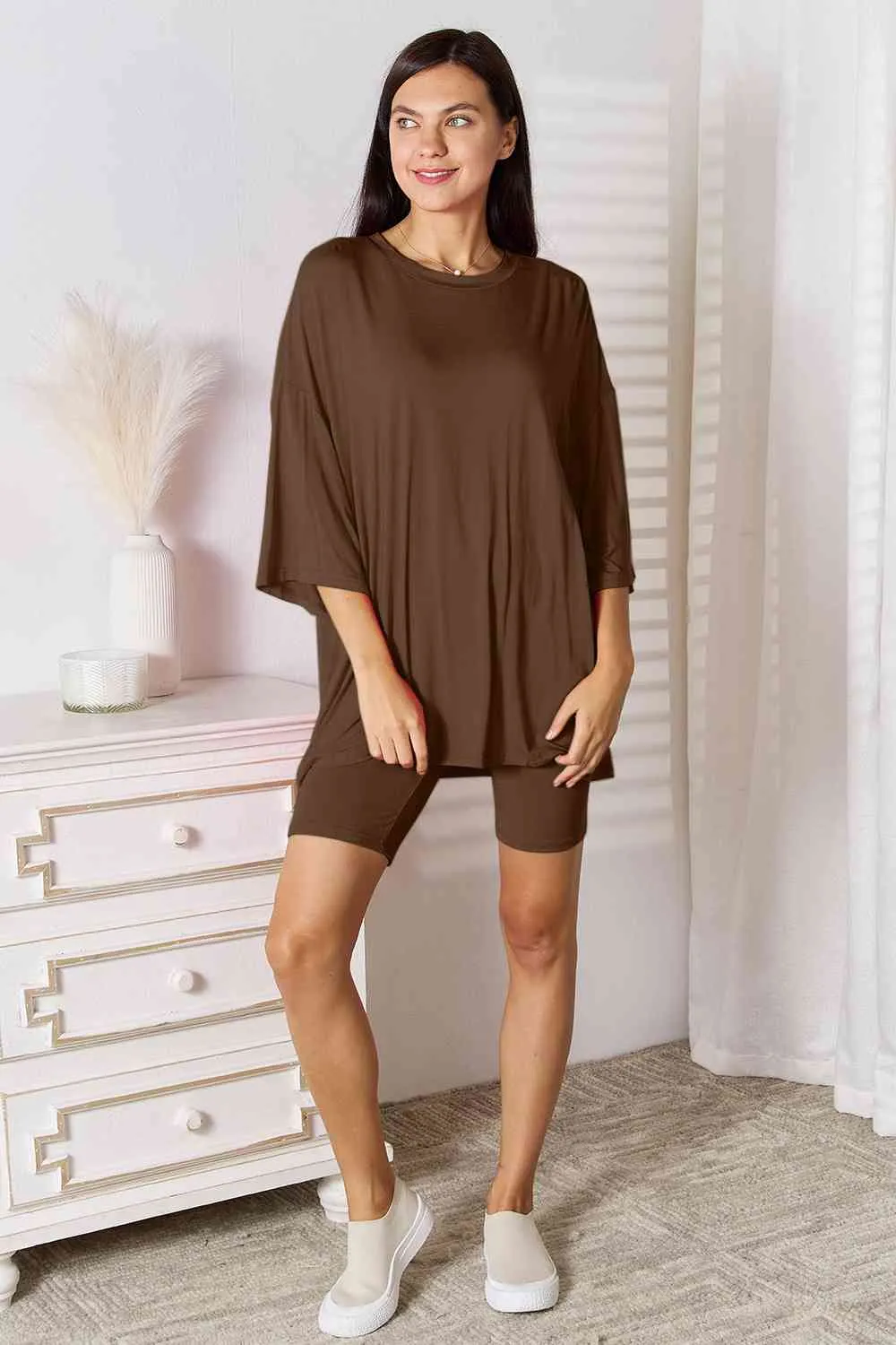 Andrea Basic Bae Full Size Soft Rayon Three-Quarter Sleeve Top and Shorts Set