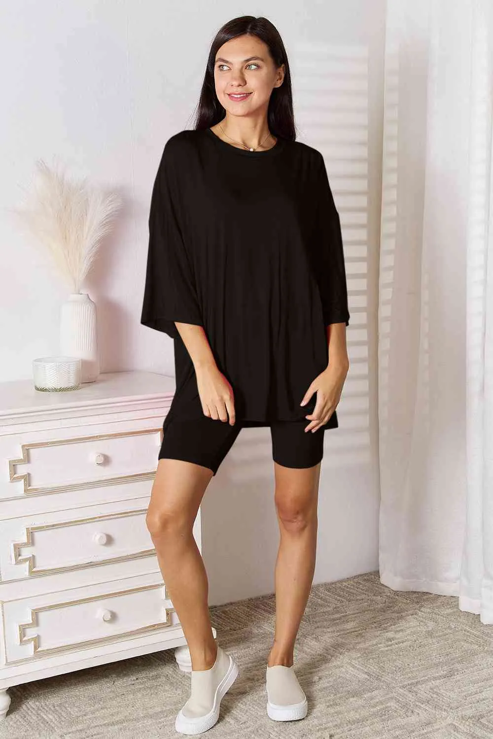 Andrea Basic Bae Full Size Soft Rayon Three-Quarter Sleeve Top and Shorts Set