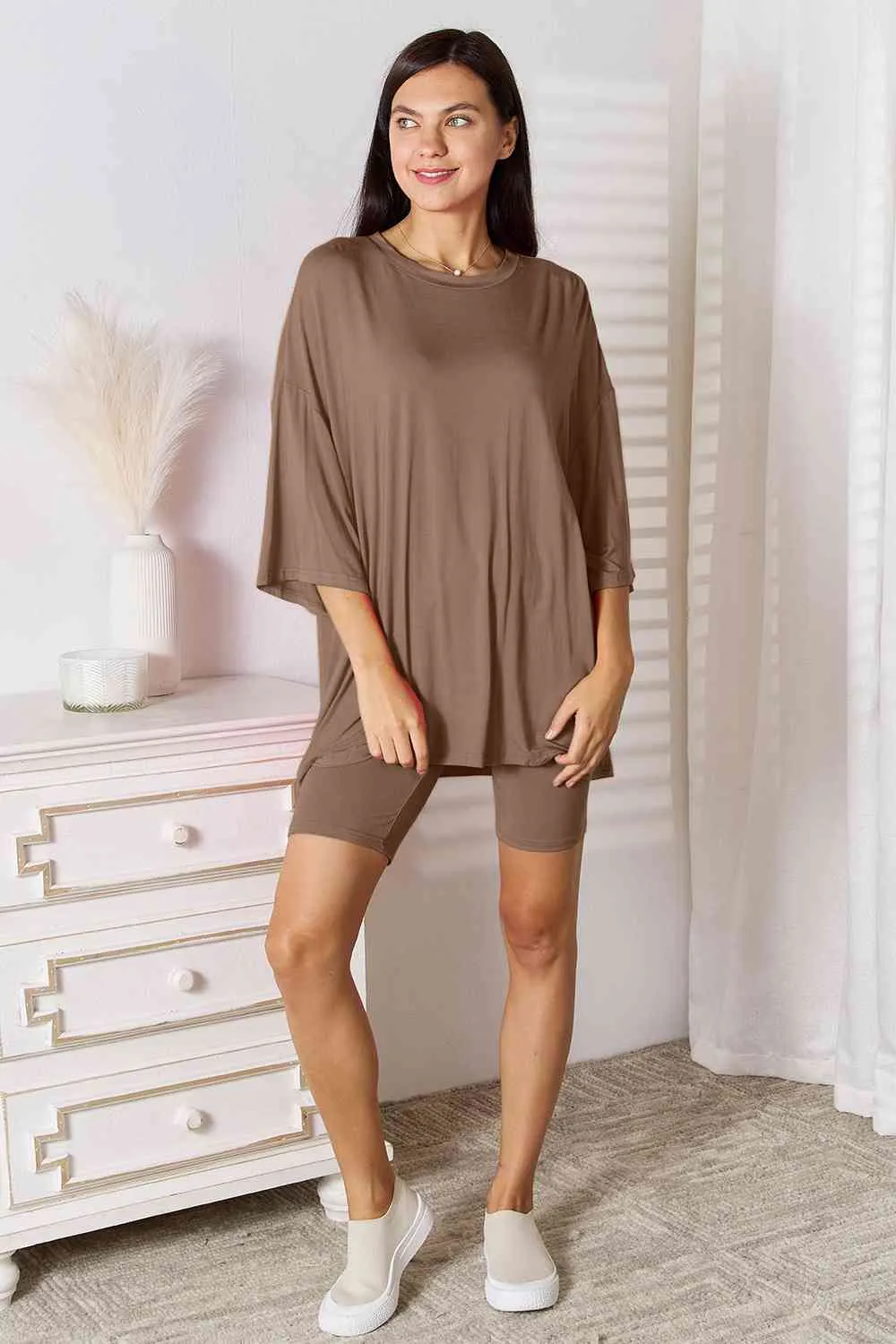 Andrea Basic Bae Full Size Soft Rayon Three-Quarter Sleeve Top and Shorts Set