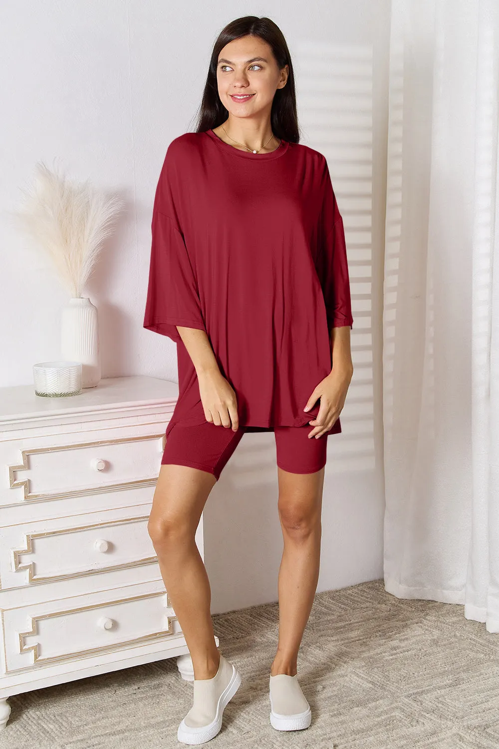 Andrea Basic Bae Full Size Soft Rayon Three-Quarter Sleeve Top and Shorts Set