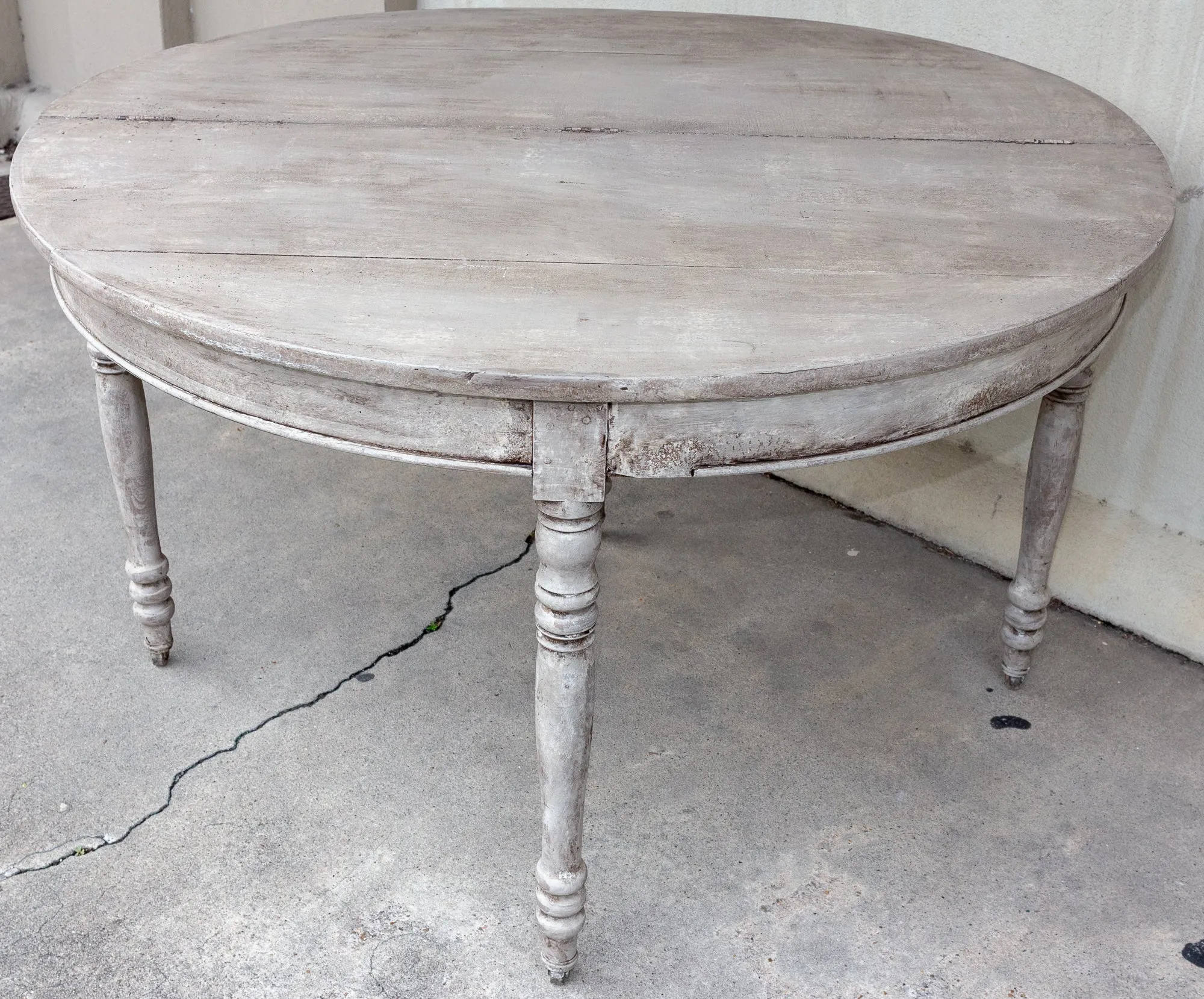 Antique French Oak Folding Demi-lune Console and Round Table in Greige Finish