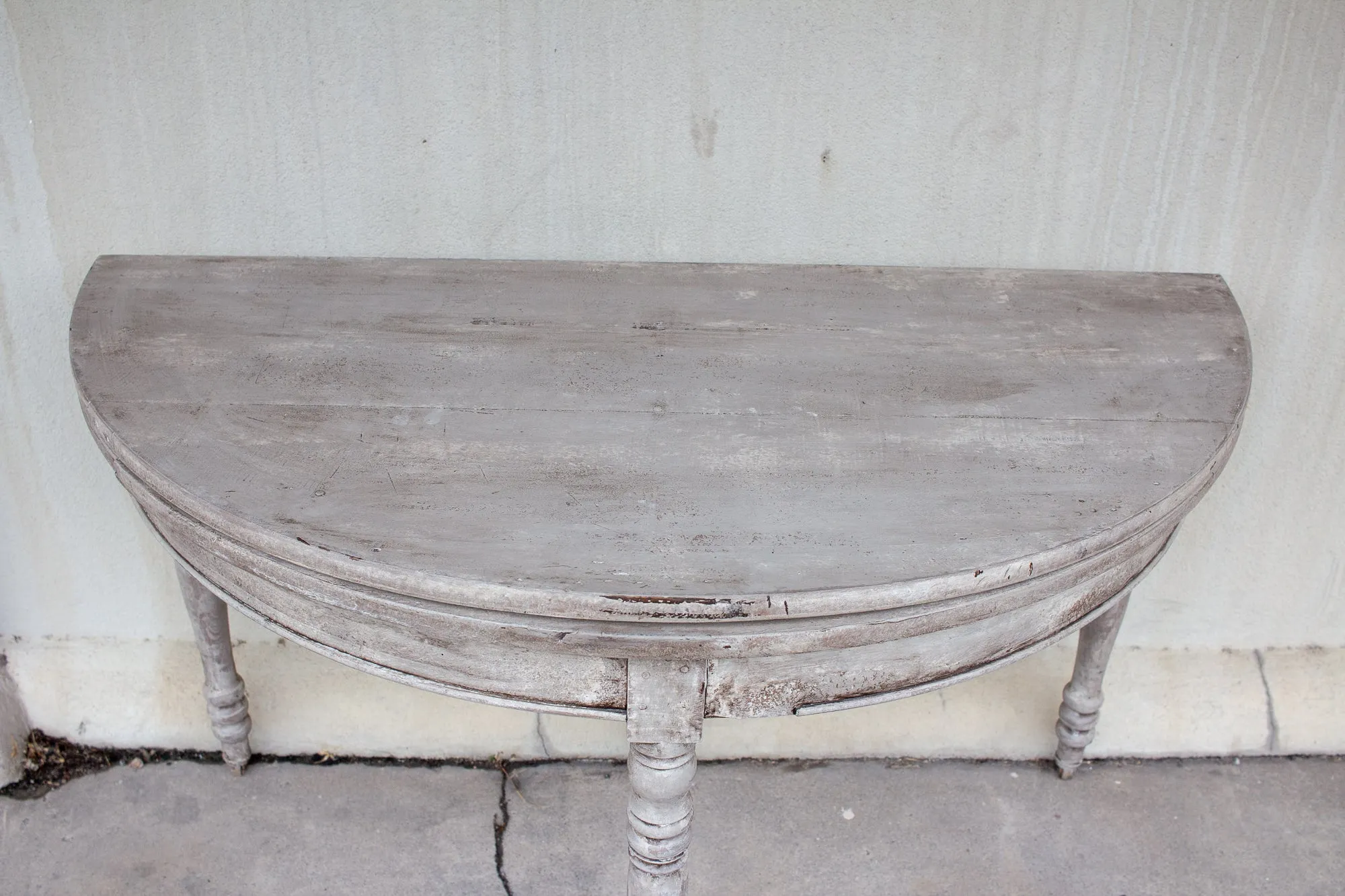 Antique French Oak Folding Demi-lune Console and Round Table in Greige Finish
