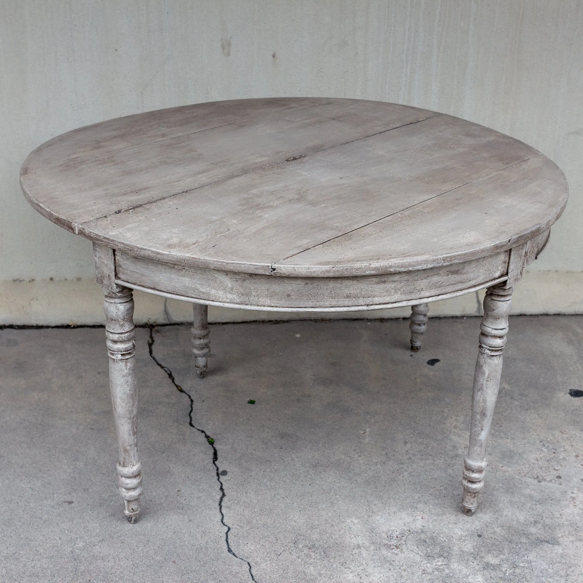 Antique French Oak Folding Demi-lune Console and Round Table in Greige Finish