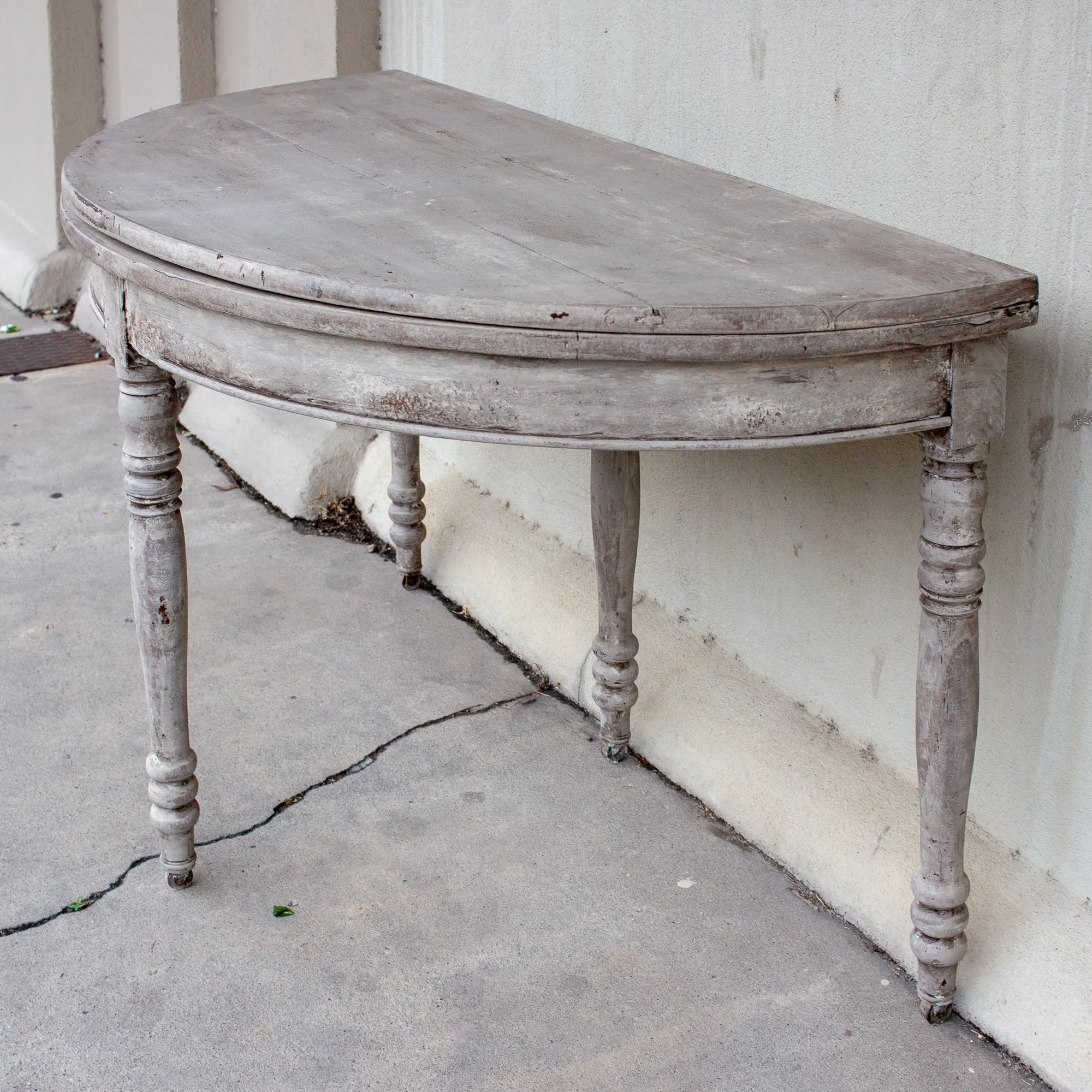 Antique French Oak Folding Demi-lune Console and Round Table in Greige Finish