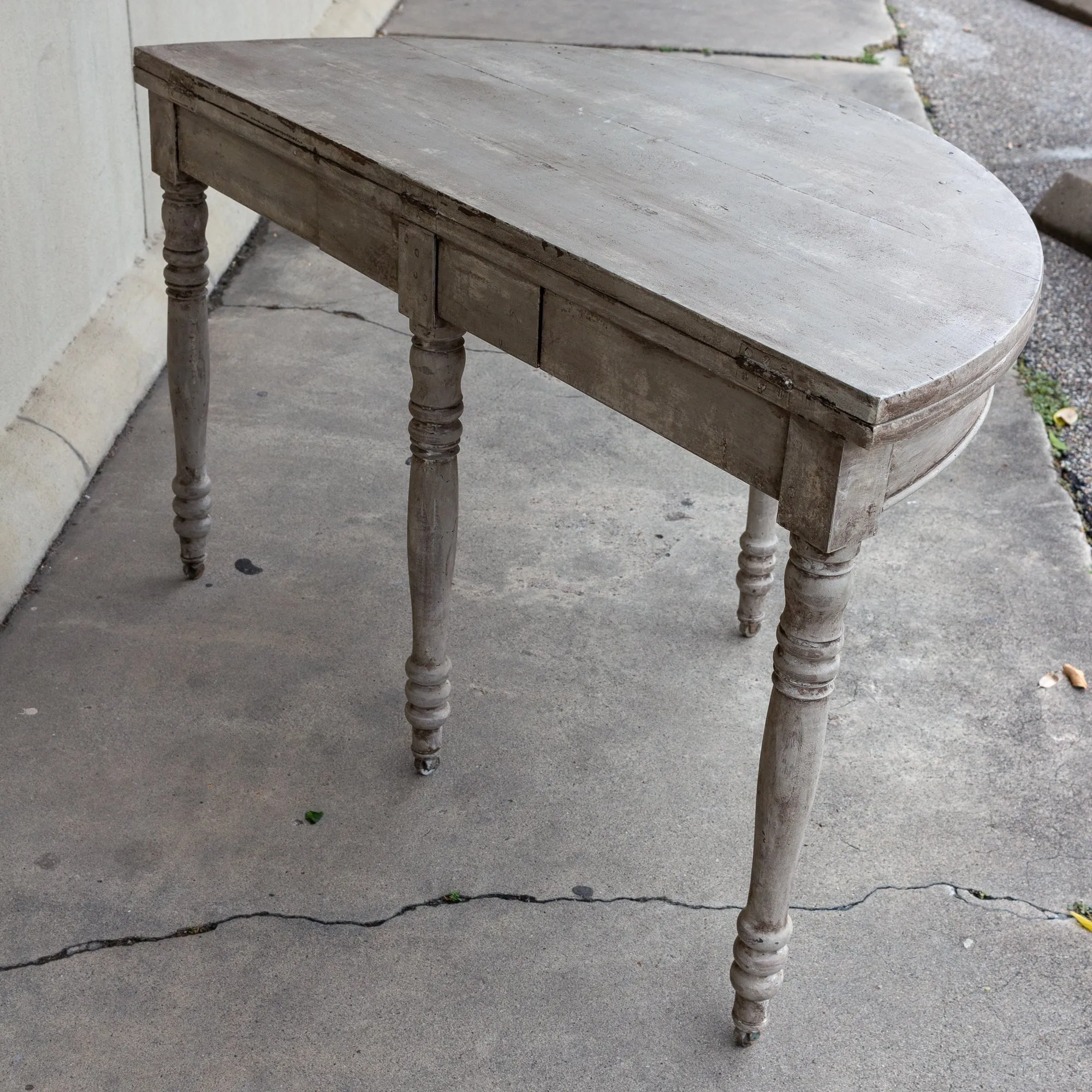 Antique French Oak Folding Demi-lune Console and Round Table in Greige Finish
