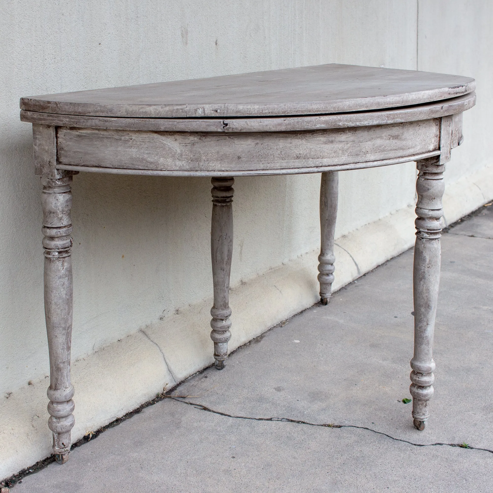 Antique French Oak Folding Demi-lune Console and Round Table in Greige Finish