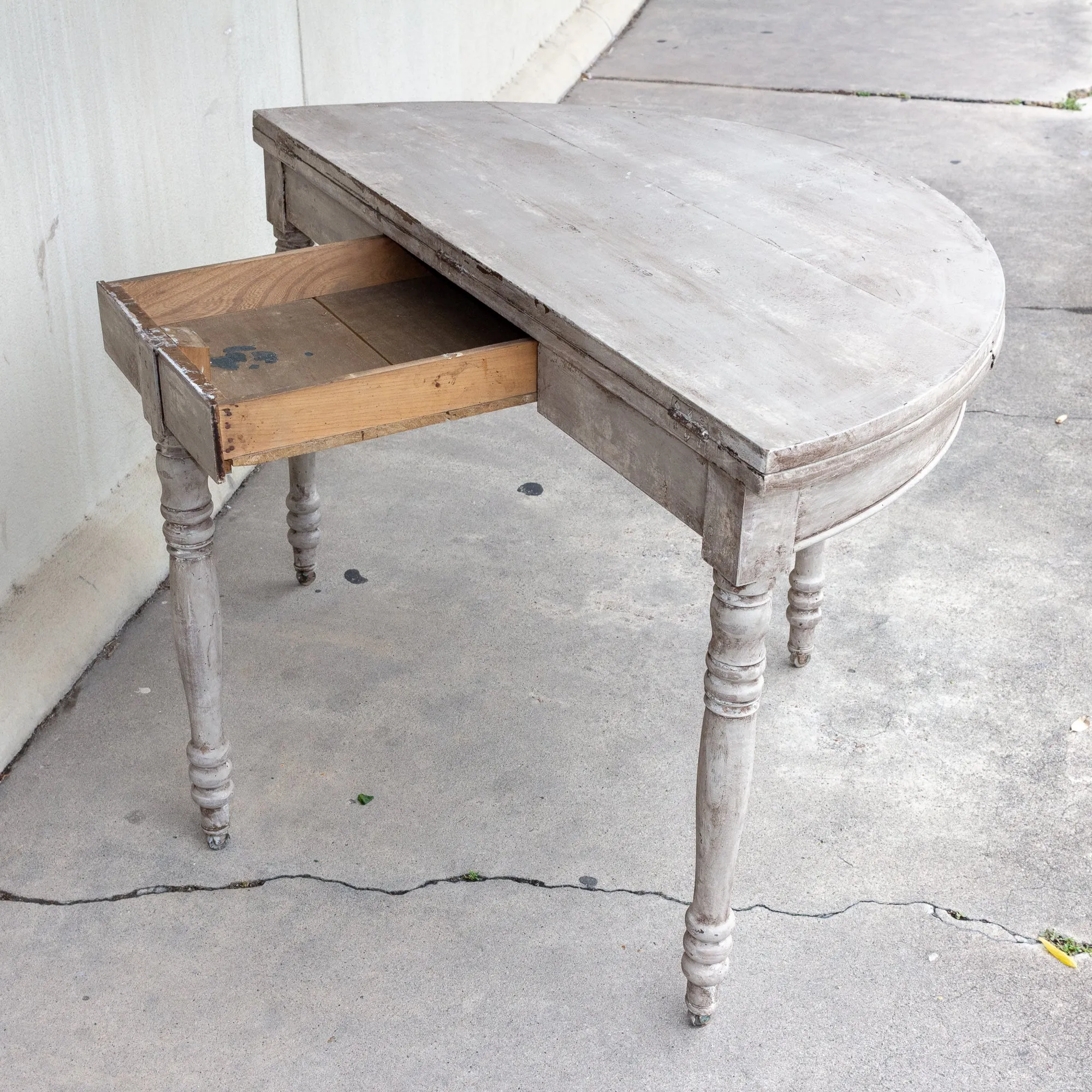 Antique French Oak Folding Demi-lune Console and Round Table in Greige Finish