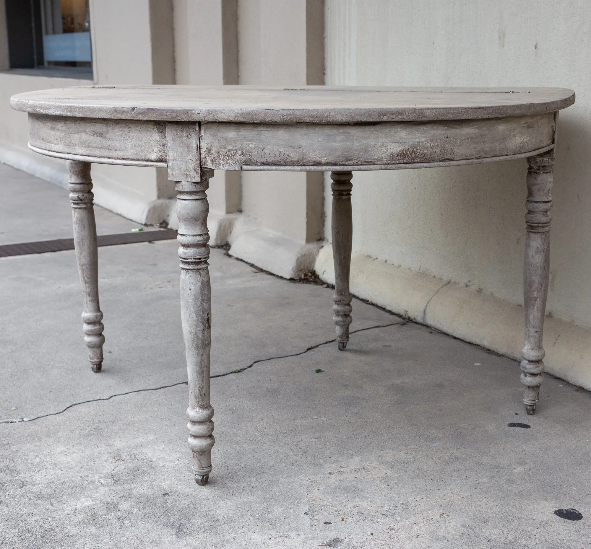 Antique French Oak Folding Demi-lune Console and Round Table in Greige Finish