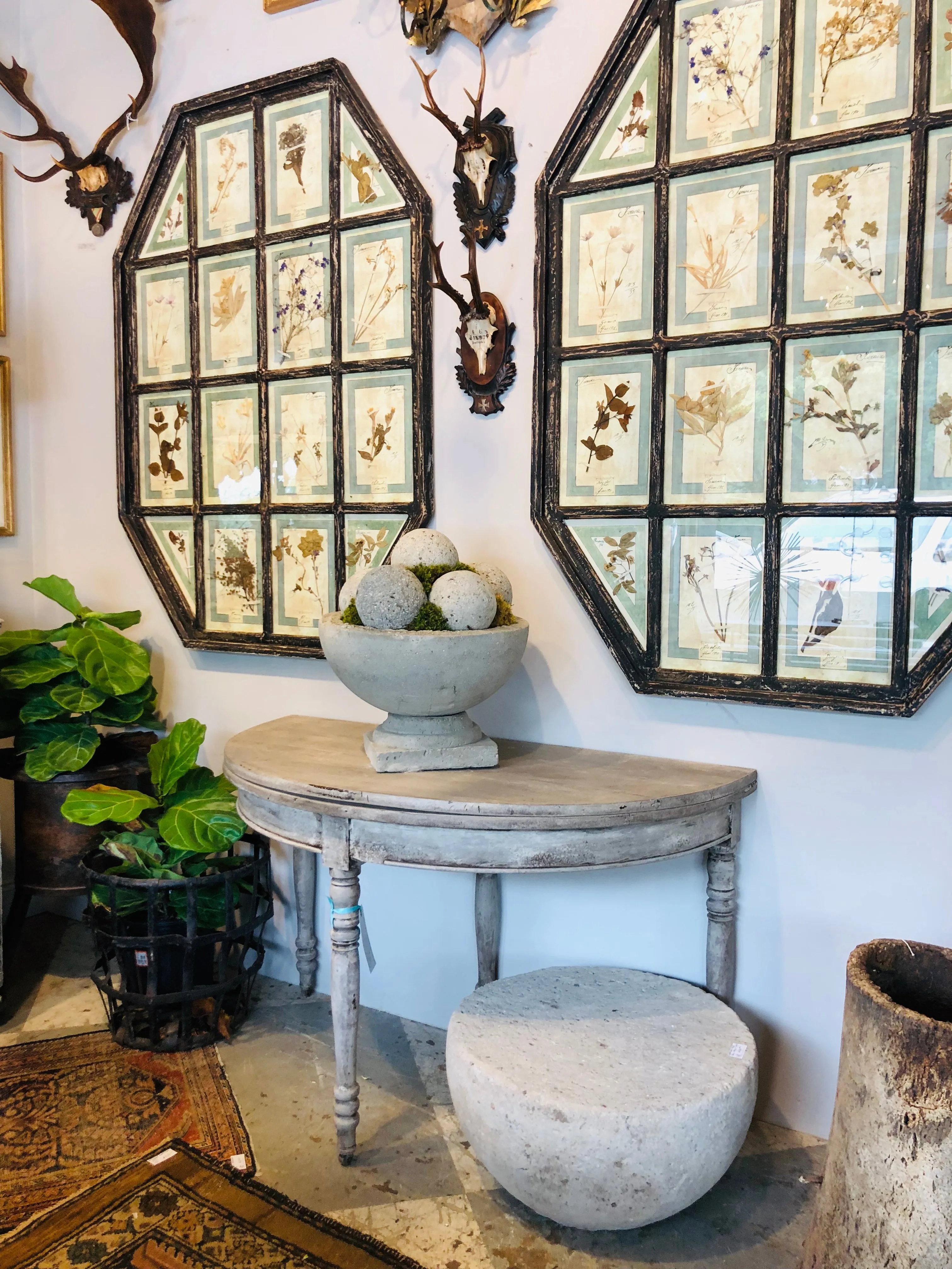Antique French Oak Folding Demi-lune Console and Round Table in Greige Finish