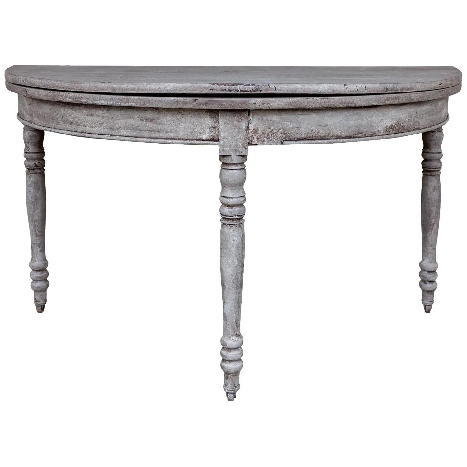 Antique French Oak Folding Demi-lune Console and Round Table in Greige Finish