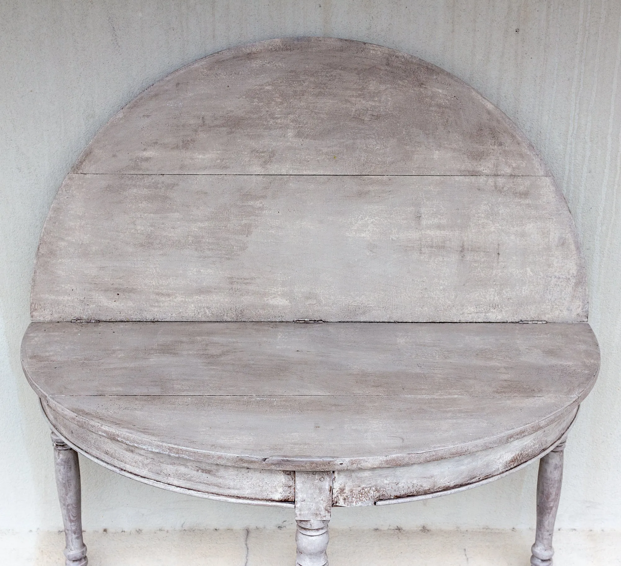 Antique French Oak Folding Demi-lune Console and Round Table in Greige Finish
