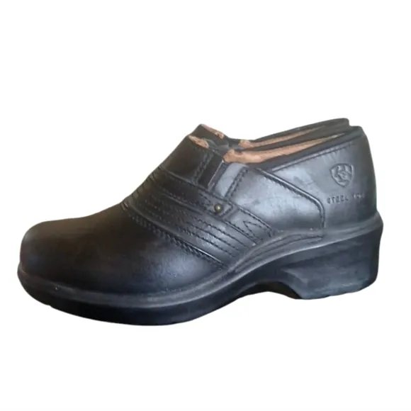 ARIAT Black Leather Safety Clog Womens Slip-On Steel Toe Work Shoe Size 6.5