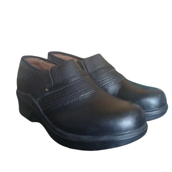 ARIAT Black Leather Safety Clog Womens Slip-On Steel Toe Work Shoe Size 6.5