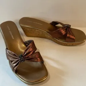 Athena Alexander~Bronze Leather Straps~Cork Wedge Slide~Rhinestone Touch~Size 10