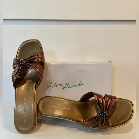 Athena Alexander~Bronze Leather Straps~Cork Wedge Slide~Rhinestone Touch~Size 10