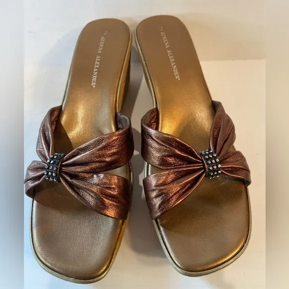 Athena Alexander~Bronze Leather Straps~Cork Wedge Slide~Rhinestone Touch~Size 10
