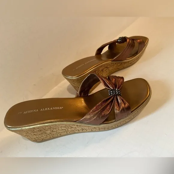 Athena Alexander~Bronze Leather Straps~Cork Wedge Slide~Rhinestone Touch~Size 10