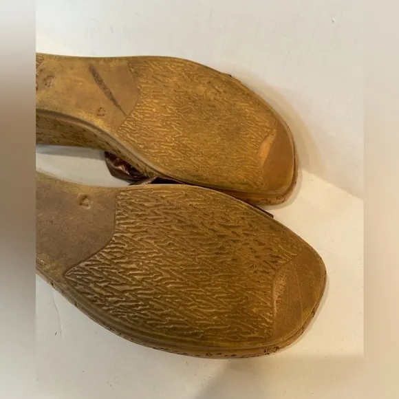 Athena Alexander~Bronze Leather Straps~Cork Wedge Slide~Rhinestone Touch~Size 10