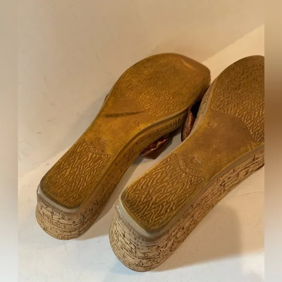 Athena Alexander~Bronze Leather Straps~Cork Wedge Slide~Rhinestone Touch~Size 10