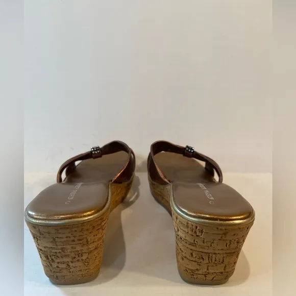 Athena Alexander~Bronze Leather Straps~Cork Wedge Slide~Rhinestone Touch~Size 10