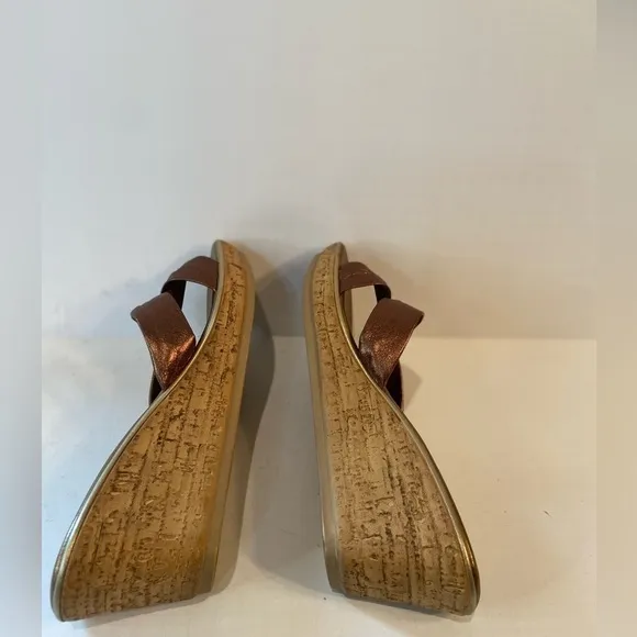 Athena Alexander~Bronze Leather Straps~Cork Wedge Slide~Rhinestone Touch~Size 10