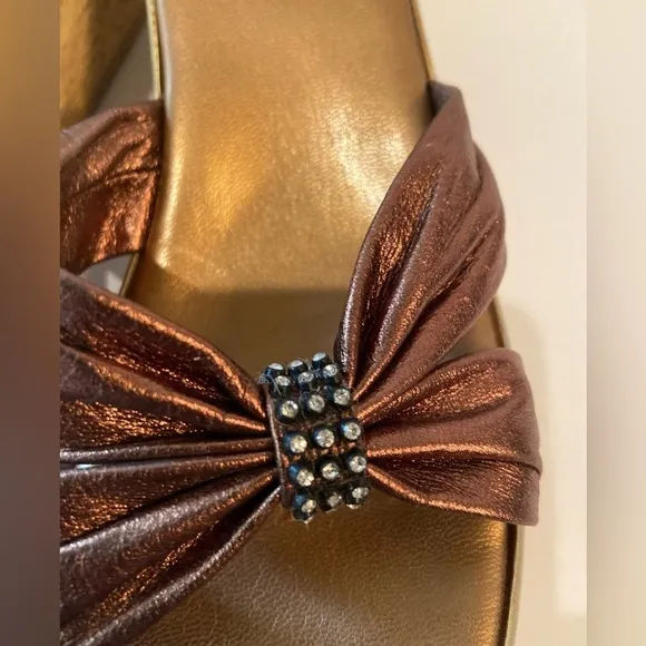 Athena Alexander~Bronze Leather Straps~Cork Wedge Slide~Rhinestone Touch~Size 10