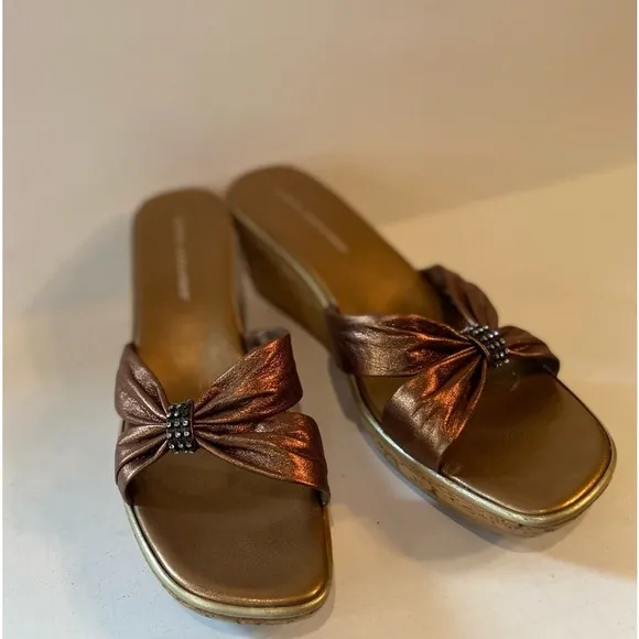 Athena Alexander~Bronze Leather Straps~Cork Wedge Slide~Rhinestone Touch~Size 10