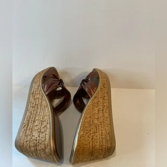 Athena Alexander~Bronze Leather Straps~Cork Wedge Slide~Rhinestone Touch~Size 10