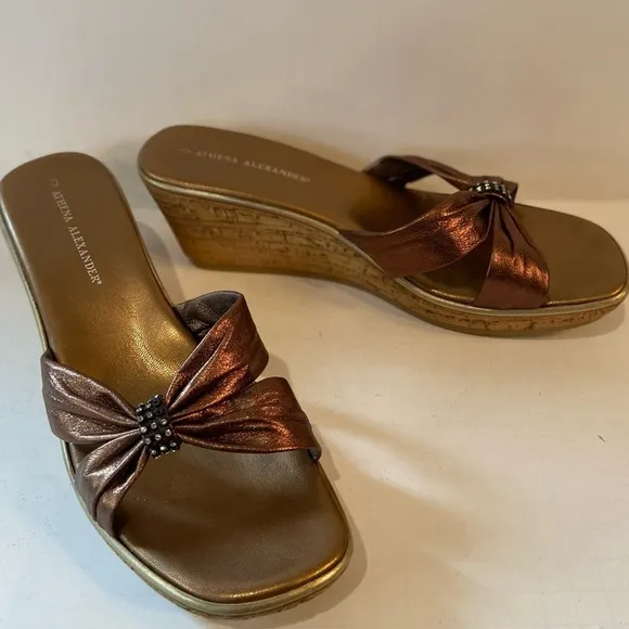 Athena Alexander~Bronze Leather Straps~Cork Wedge Slide~Rhinestone Touch~Size 10