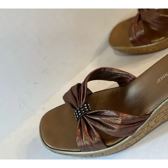 Athena Alexander~Bronze Leather Straps~Cork Wedge Slide~Rhinestone Touch~Size 10