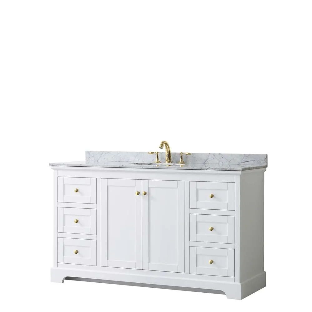 Avery 60 Inch Single Bathroom Vanity in White - Brushed Gold Trim