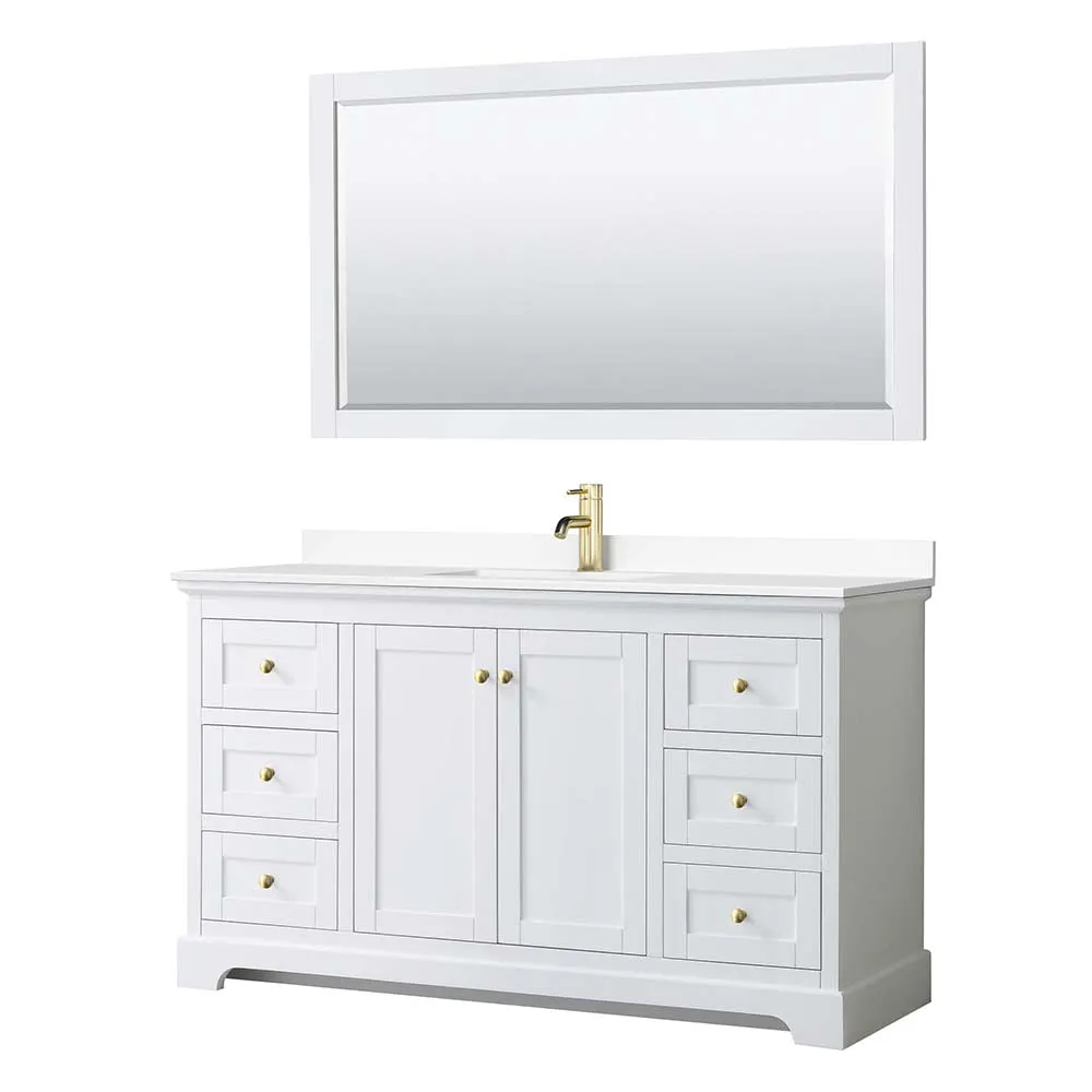 Avery 60 Inch Single Bathroom Vanity in White - Brushed Gold Trim