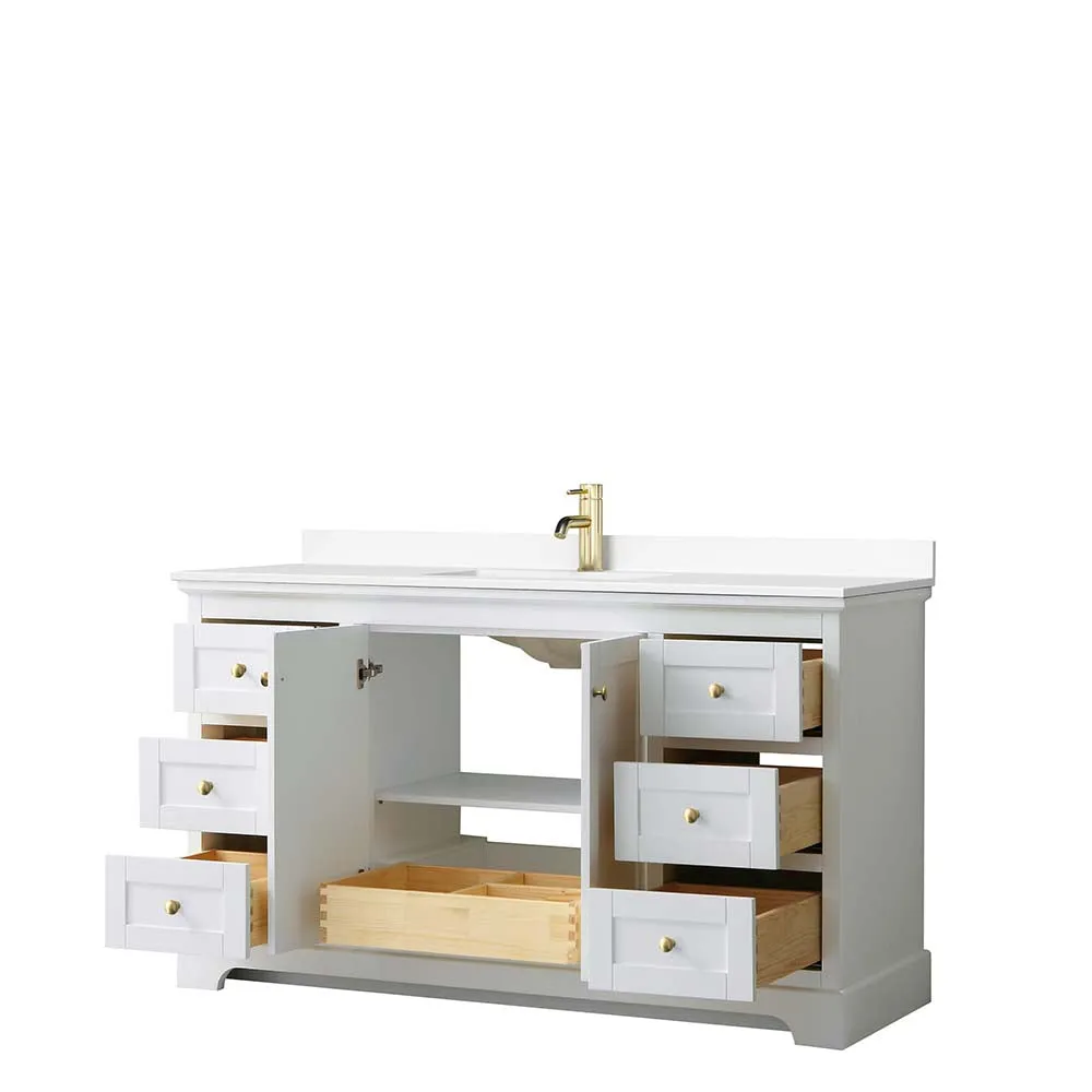 Avery 60 Inch Single Bathroom Vanity in White - Brushed Gold Trim