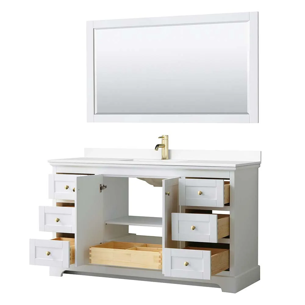 Avery 60 Inch Single Bathroom Vanity in White - Brushed Gold Trim