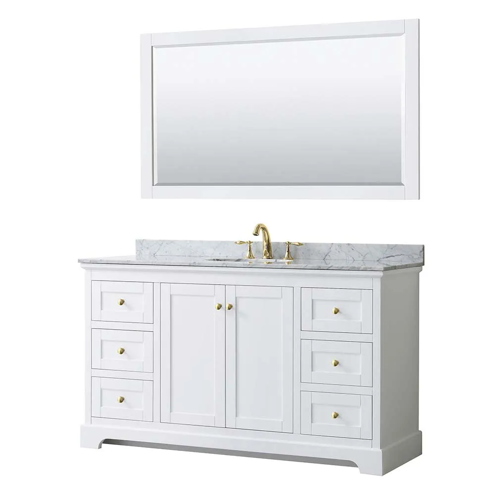 Avery 60 Inch Single Bathroom Vanity in White - Brushed Gold Trim