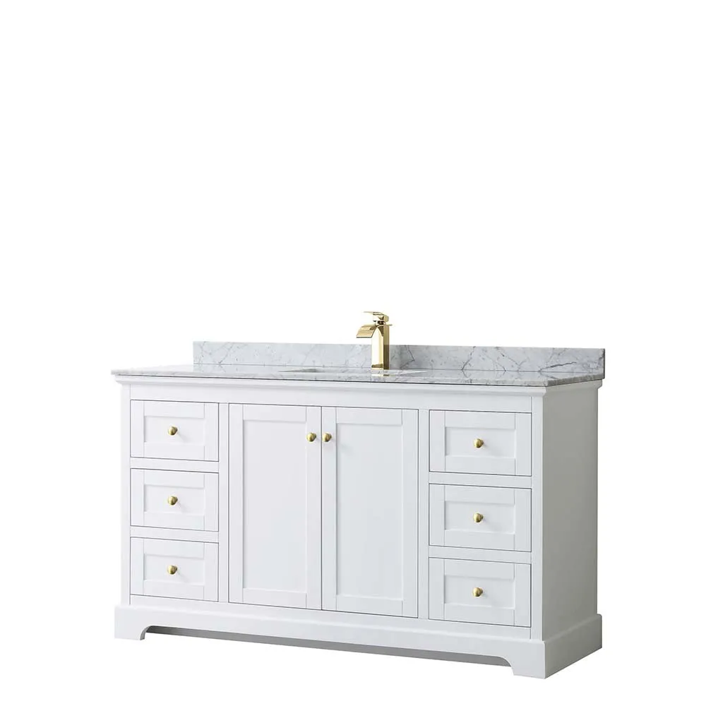 Avery 60 Inch Single Bathroom Vanity in White - Brushed Gold Trim