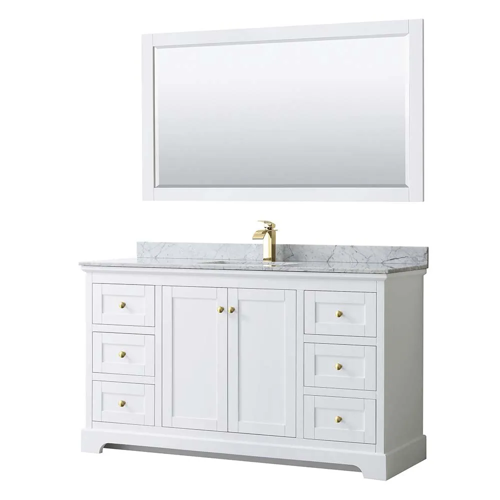 Avery 60 Inch Single Bathroom Vanity in White - Brushed Gold Trim