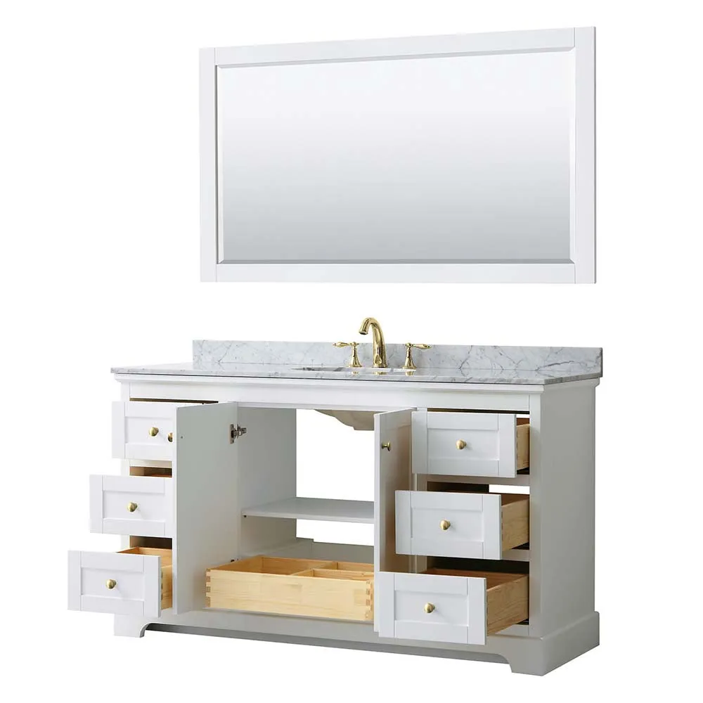 Avery 60 Inch Single Bathroom Vanity in White - Brushed Gold Trim