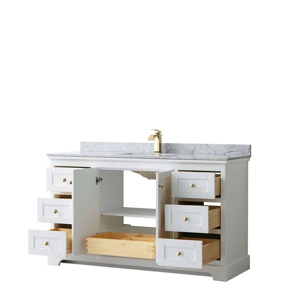 Avery 60 Inch Single Bathroom Vanity in White - Brushed Gold Trim