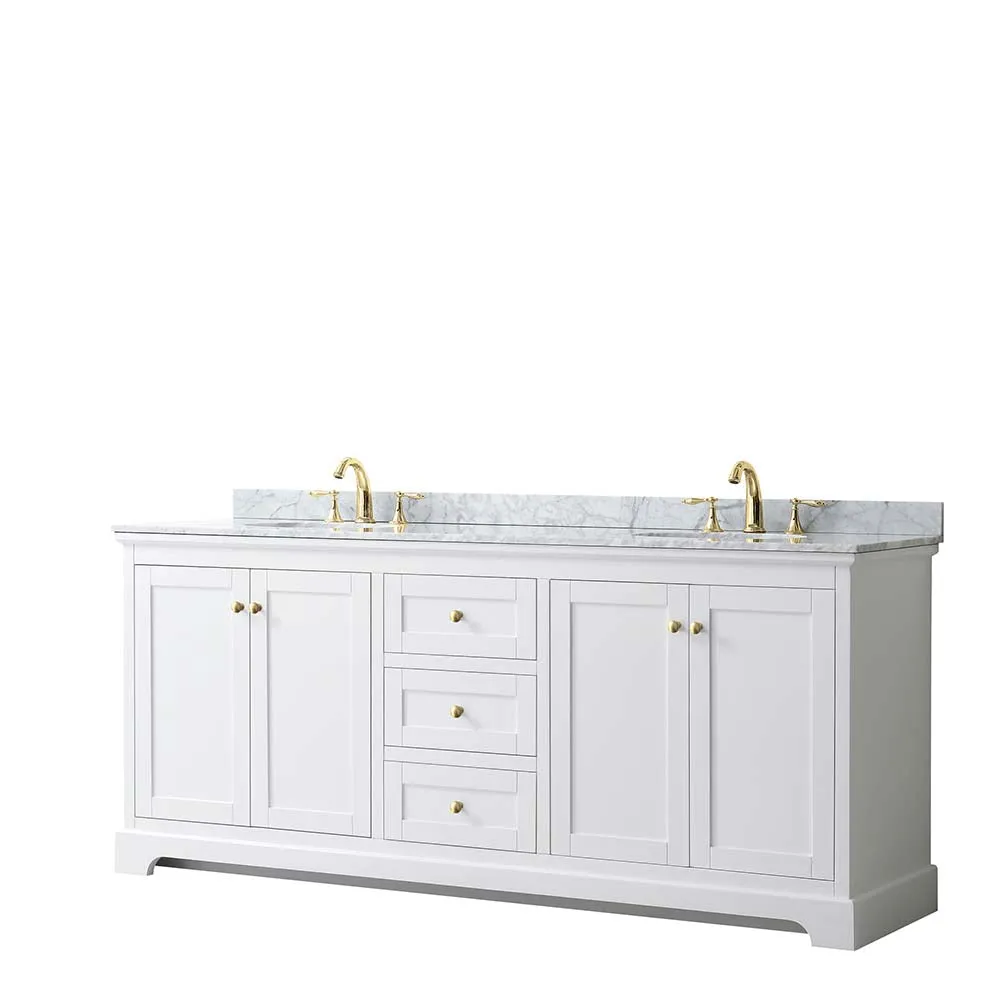Avery 80 Inch Double Bathroom Vanity in White - Brushed Gold Trim