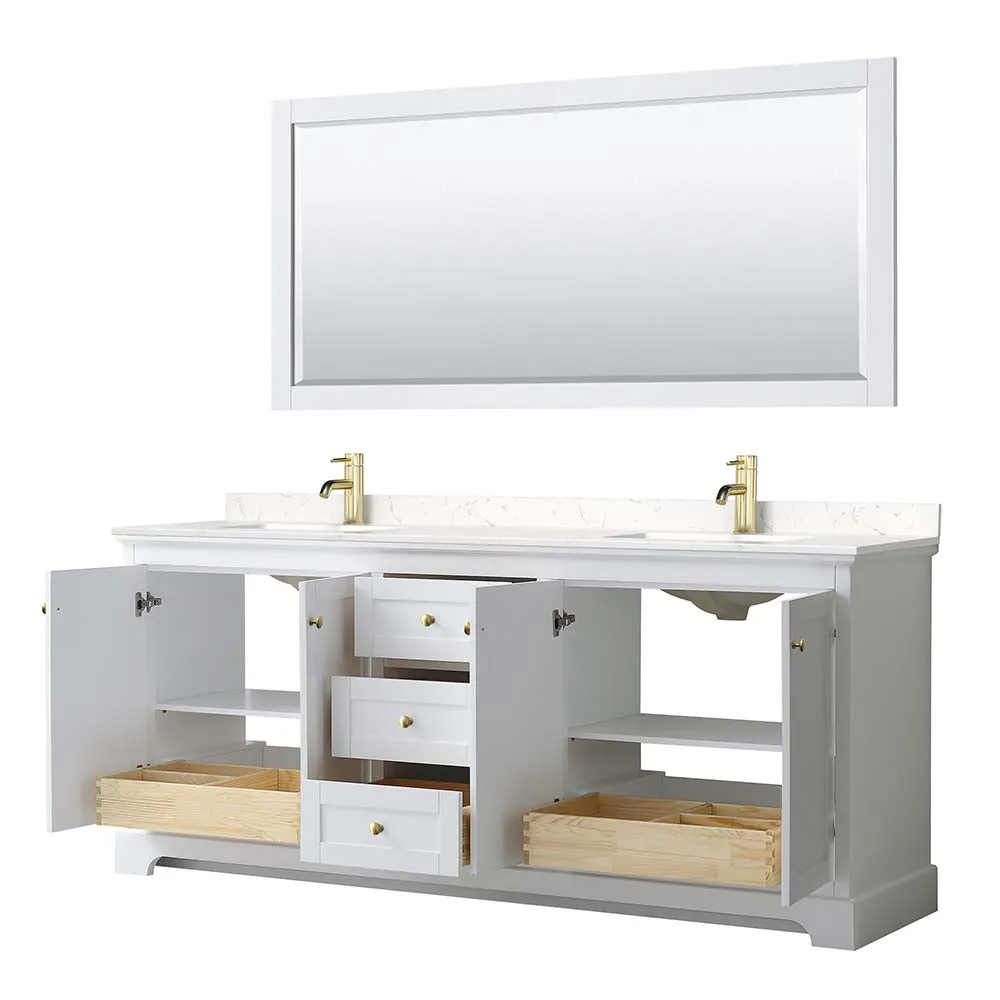 Avery 80 Inch Double Bathroom Vanity in White - Brushed Gold Trim